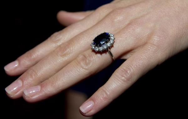 A close up of Kate Middleton's engagement ring.