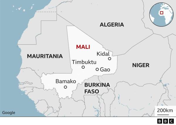 A map showing key cities in Mali and neighbouring countries