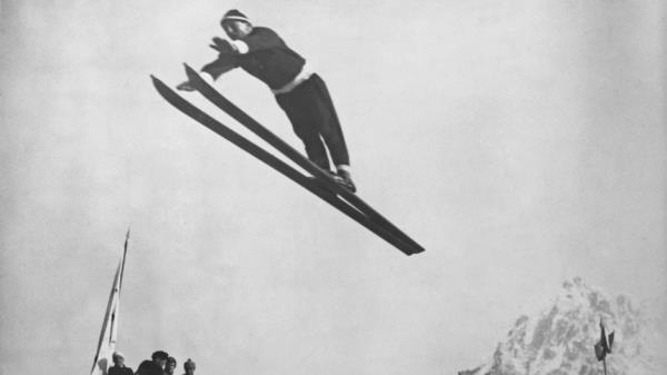 Norwegian ski jumper Jacob Tullin Thams takes flight in the ski jump event of the 1924 Winter Olympics.